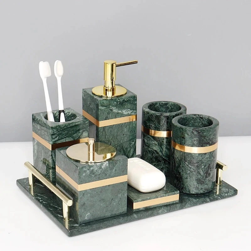 

Green Marble Bathroom Aromatherapy Bottle Toothbrush Holder Liquid Soap Dispenser Dish Cups Cotton Swab & Tissue Box Tray Gifts