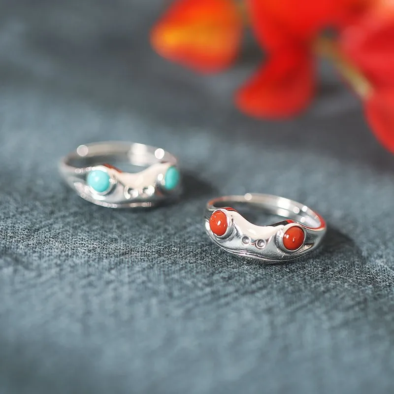 

JZ245 ZFSILVER Thai Silver 925 Fashion South Red Agate Turquoise Luxury Trendy Adjustable Creative Frog Ring Women Wedding Party