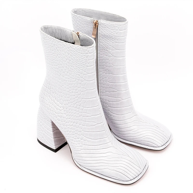Concise Fashion Winter Boots Women Shoes Thick High Heel Square Toe Crocodile Print Boots Side Zip 2022 In Stock