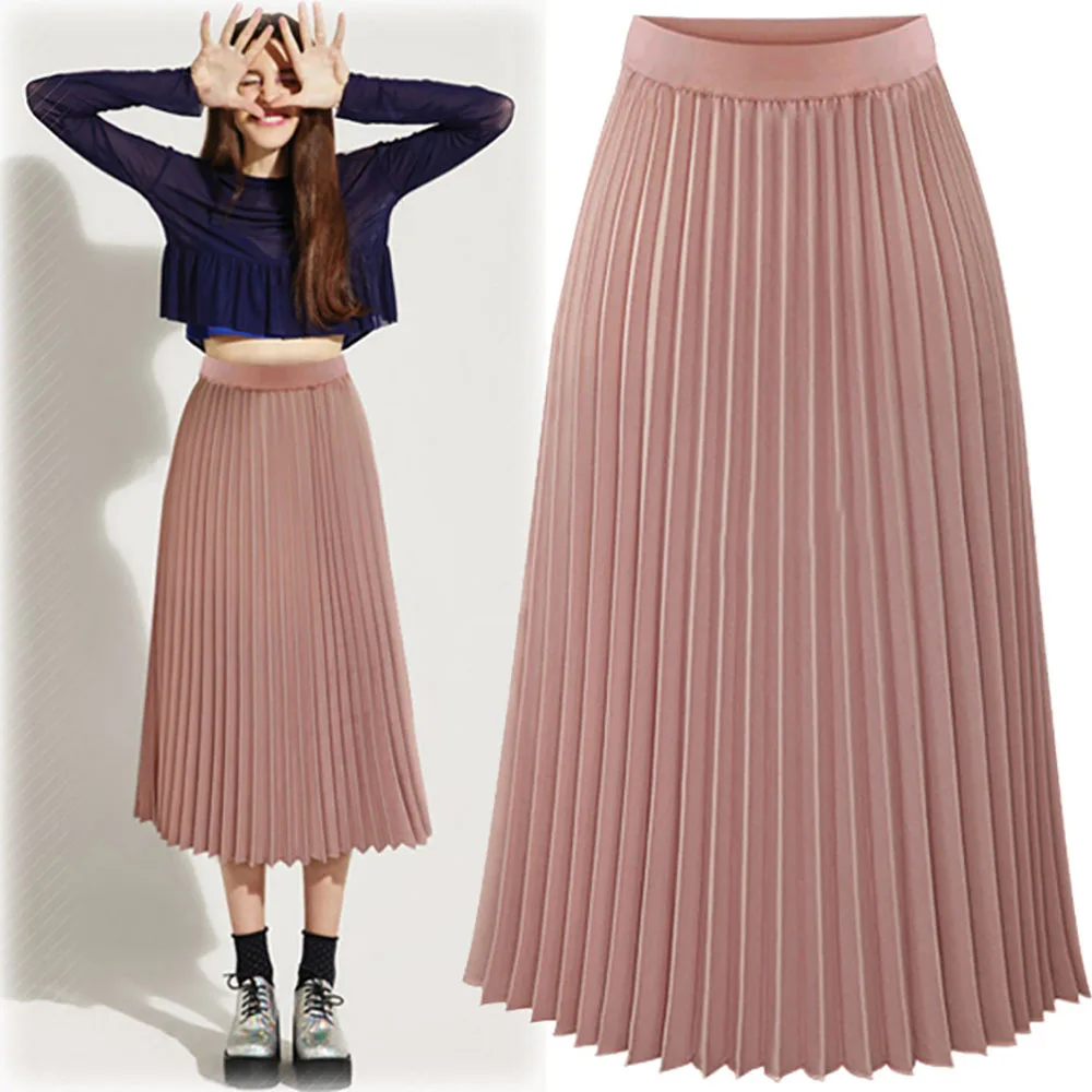 

Elegant Pleated Chiffon Skirt For Women Calf Length High Waist Solid Color Shirring Casual Women Summer Skirt