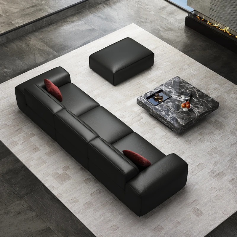 Большой черный диван из коровьей кожи для офиса большая плоская вилла первый