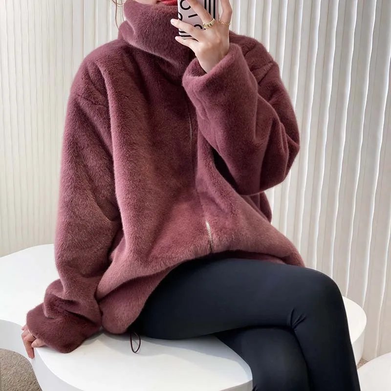 New Winter Women's Lamb Wool Faux Fur Coat Loose and Thick Warm Women's Jacket Jacket Women's Long-sleeved Casual Soft Pink Coat