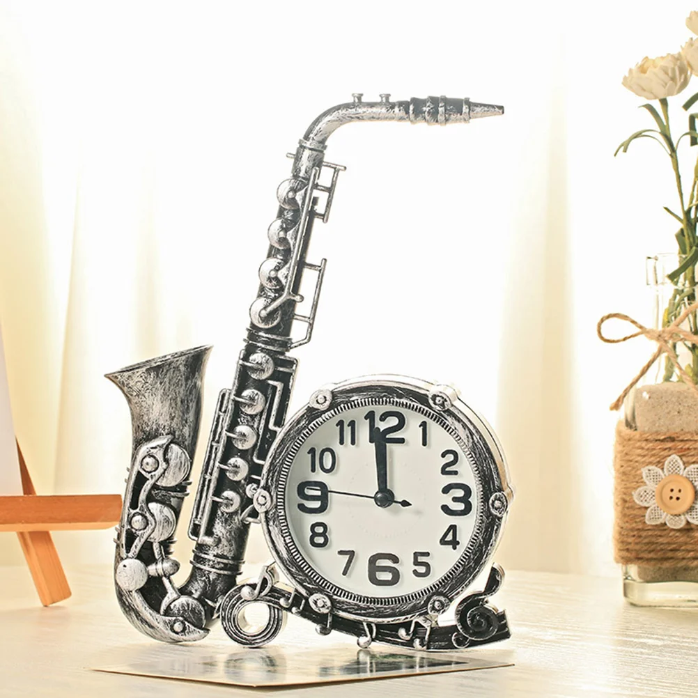 

Clock Alarm Saxophone Table Bedside Decorative Vintage Desktop Night Light Rustic Statue Decor Iron Silent Desk Clocks Farmhouse