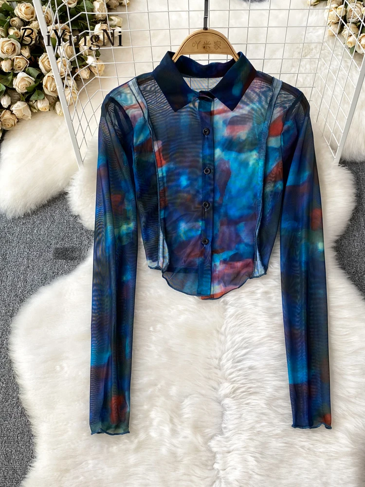 

Beiyingni Woman's Y2K Long Sleeve Shirts Tie Dye Buttons Casual Vintage High Street Top Women Irregular Chiffon Korean Blouses