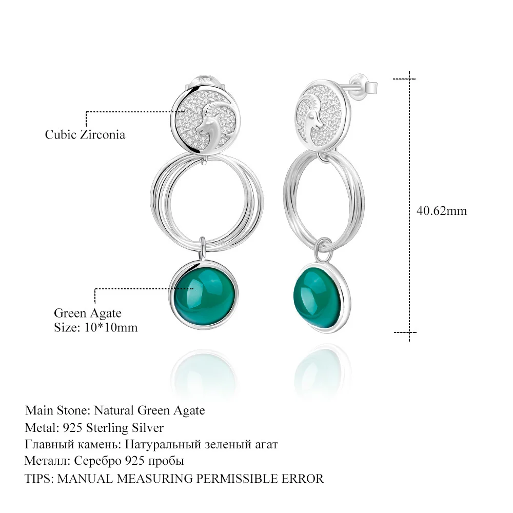 

genuine Luxury brand real jewels Designer's Advanced Sense Capricorn Geometric Cool Style Design 925 Silver Green Agate Earrings