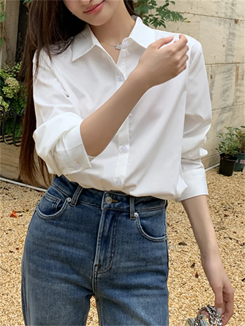 Женская Однотонная рубашка Alien Kitty белая элегантная Свободная Повседневная