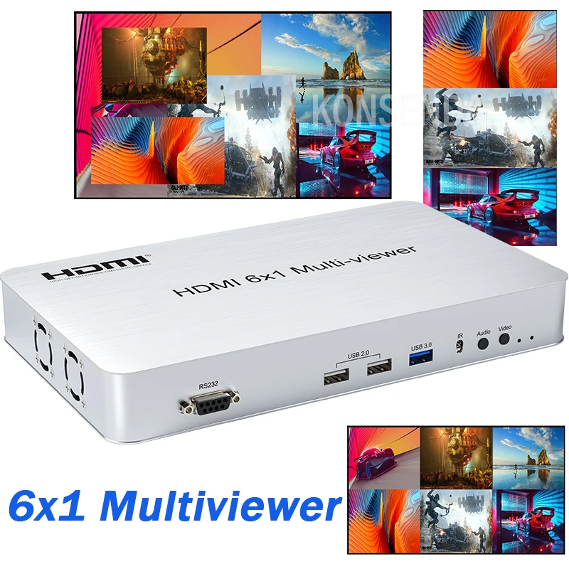 6x1 HDMI мультипросмотр 6 в 1 выход HDMI четырехъядерный мультипросмотр USB плеер HDMI объединитель сигналов переключатель с PIP Zoom in out 180 ° вращение