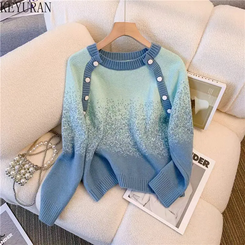 

Пуловер градиентного цвета, женский осенний свитер, новинка 2022, топ с круглым вырезом и длинным рукавом, вязаные свитеры, джемпер, женский св...