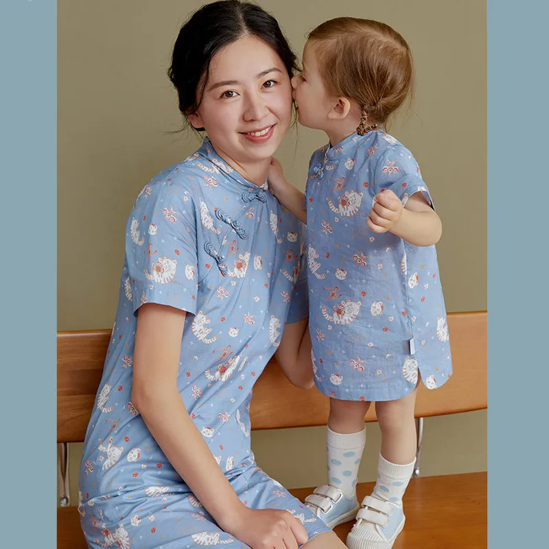 

Mother Daughter Chinese Dress 2022 Summer Mon And Baby Girls Chi-Pao Dresses Women Cheongsam Robe Parent-Child Matching Dresses