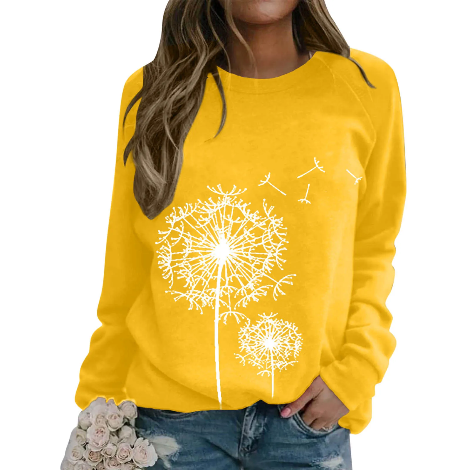 

Women Casual Dandelion Printing Crew Neck Sweatshirt Long Sleeved Sweatshirt Blouse Temperament Funnel Neck Sweatshirts Women