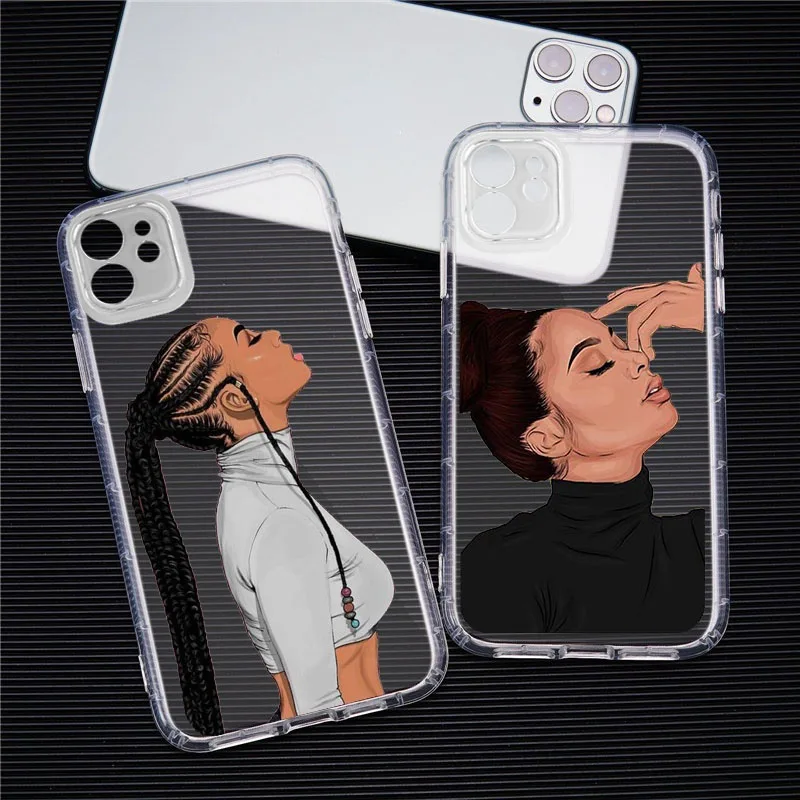 

GYKZ Melanin Poppin African Black Girl Phone Case For iPhone 11 Pro 12 13 XR X XS MAX SE20 7 8 6Plus Clear Silicone Cover Coque