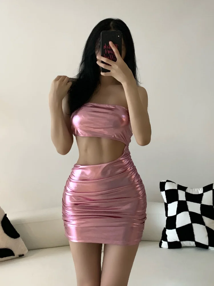 

Милое острые мини-платье TVVOVVIN, женские летние Сексуальные корейские пикантные топы из серебра 2022 пробы ярко-розового цвета из искусственно...