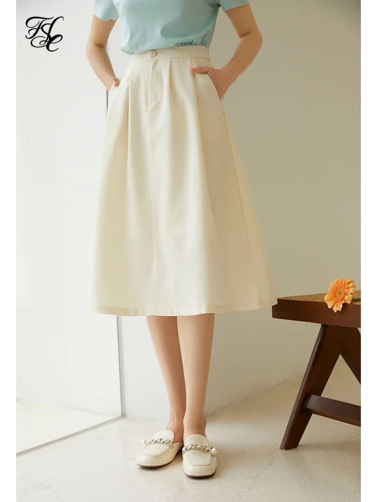

FSLE Office Lady High Waist Skirt Women Summer Mid-length A-line Skirt 2021 New Apricot Long Skirt Woman Skirts Clothe