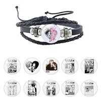 jweijiao japan anime nana pu leather glass cabochon dome charms multilayer weave cord metal snap button bangles jewelry fhw396