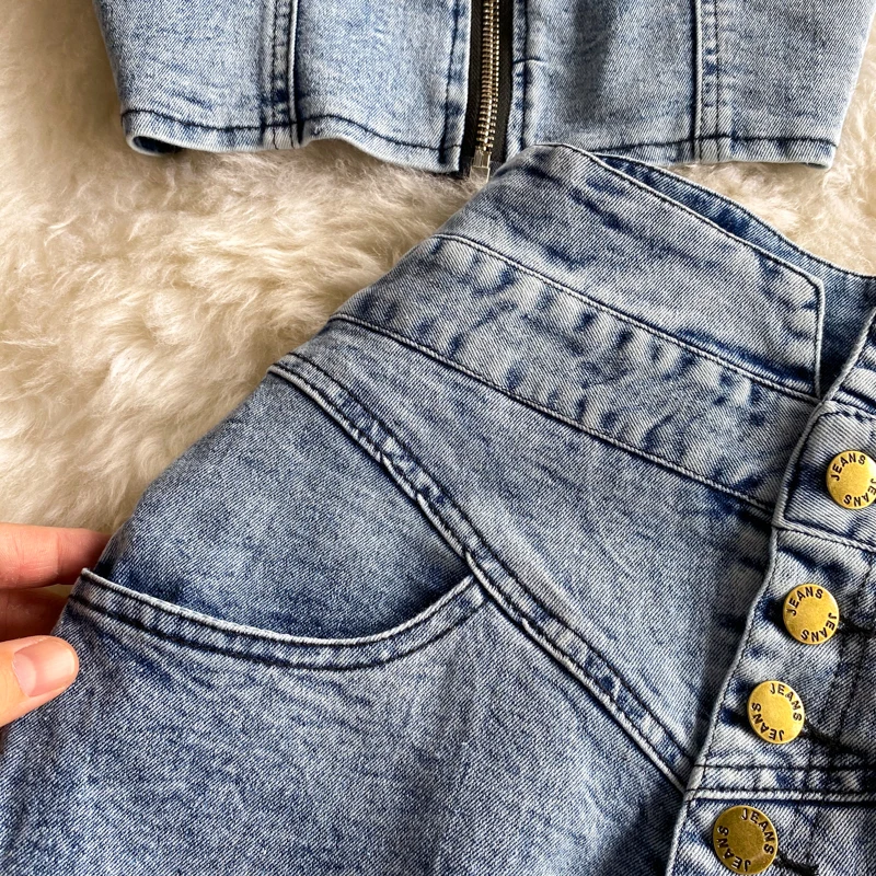 Женские винтажные джинсовые комплекты летний короткий топ на бретелях и