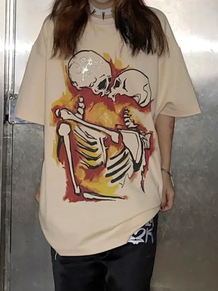 

QWEEK Vintage Skull Graphic T Shirts Women Gothic Punk Korean Fashion Tshirt Tees White Short Sleeve Tops 2022 Summer Kpop Alt