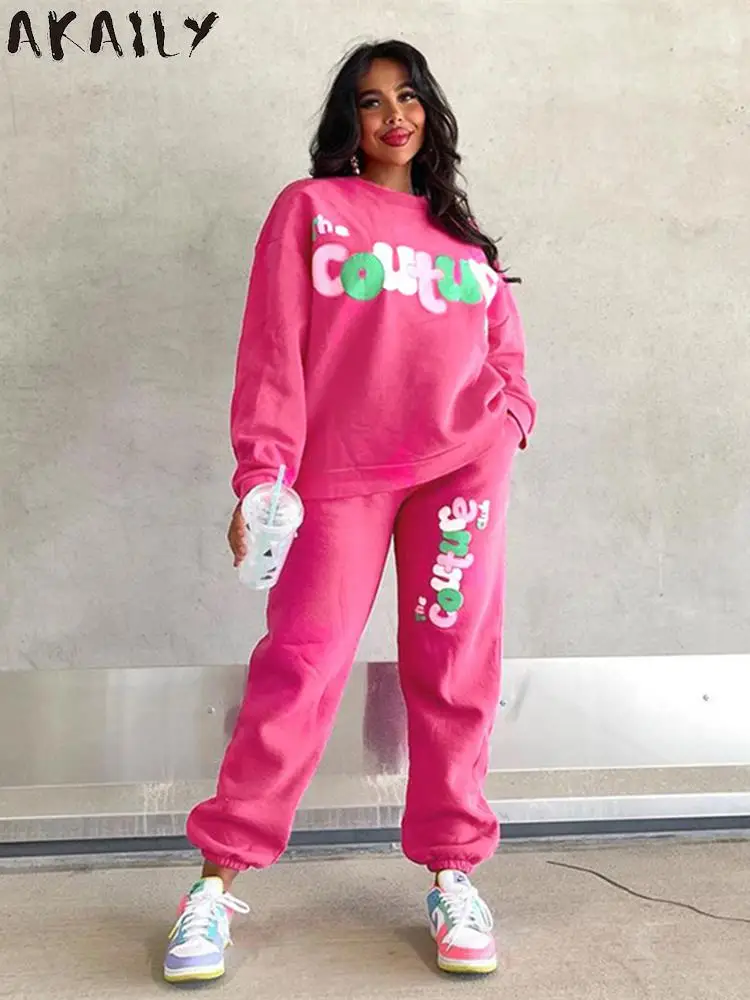 

Akaily Fall Winter Pink Print 2 Two Piece Sets Tracksuit Women Outfits 2022 Long Sleeve Hoodies And Sweatpants Ladies Pants Sets