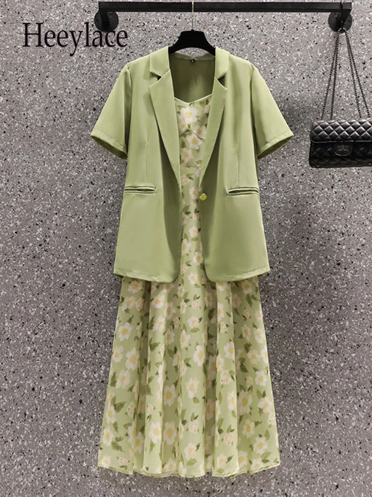 

Women Summer Two-piece Set Office Ladies Elegant Straps Floral Print Dress And Short Sleeve Notched V Neck Green Blazer Outfits