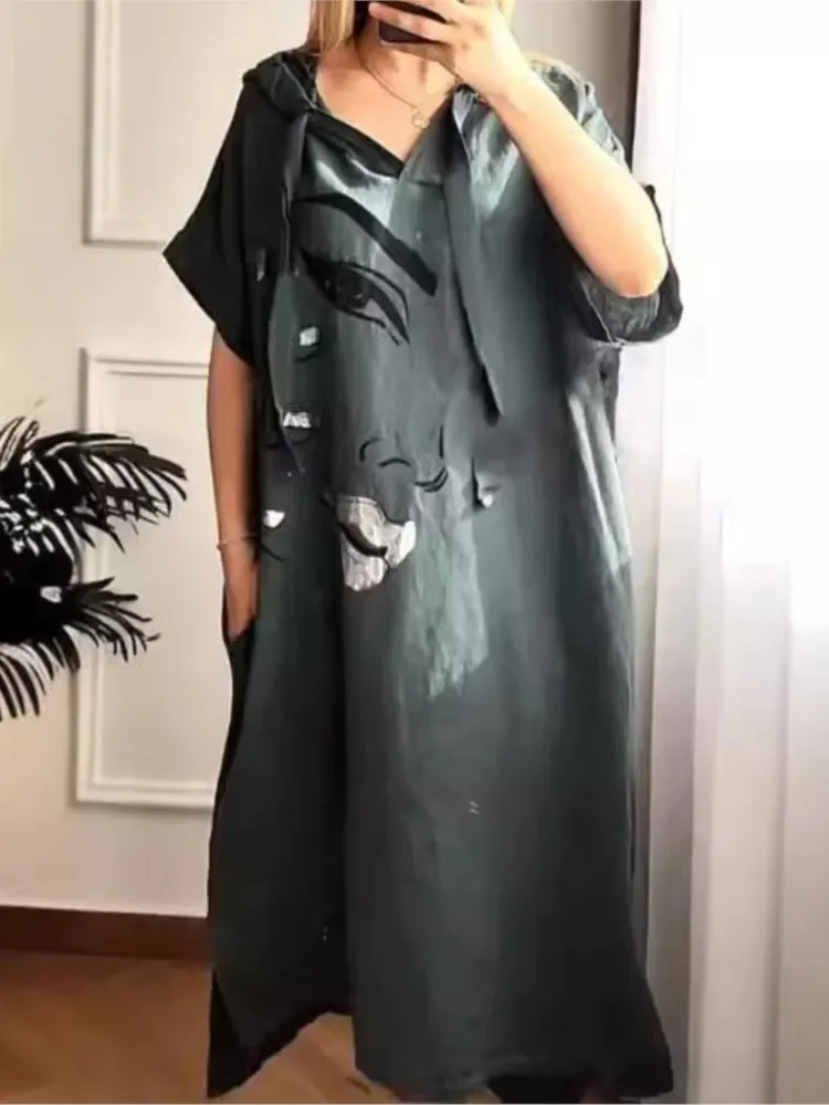 Повседневное свободное длинное платье с капюшоном женское модное большого