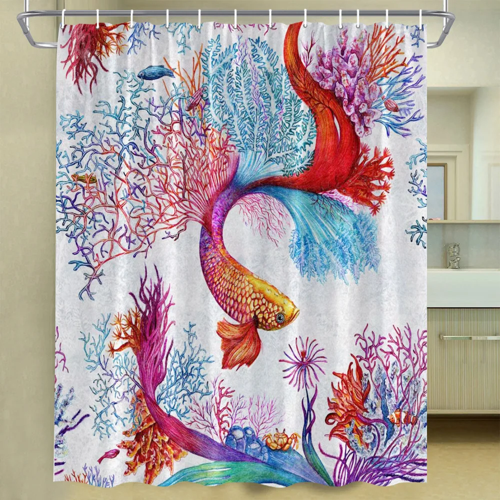 

Abstract Fish Shower Curtain Japanese Art Bright-Coloured Koi Sea Wave Red sun Bathroom Decor Set Fabric Hooks Bath Curtains