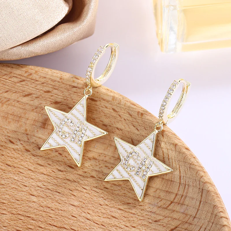 

Korean Fashion Oil Dropping Earrings Zircon Star Earrings 14K Copper Ferry Real Gold Letters Diamond Designer Earrings Female