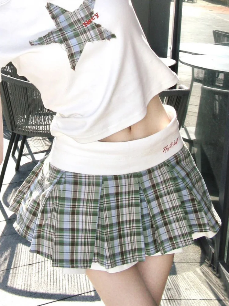 

DEEPTOWN Plaid Pleated Skirt Women Harajuku Elastic Waist A-line Patchwork Kawaii Mini Micro Skirt Shorts Summer Y2k Streetwear