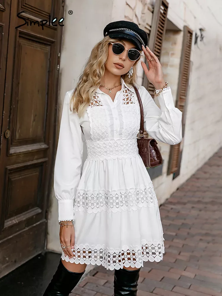 

NEW IN Elegant hollow out lace ruffle A-line white women dress Office lady button shirt dresses Female high waist short vestido