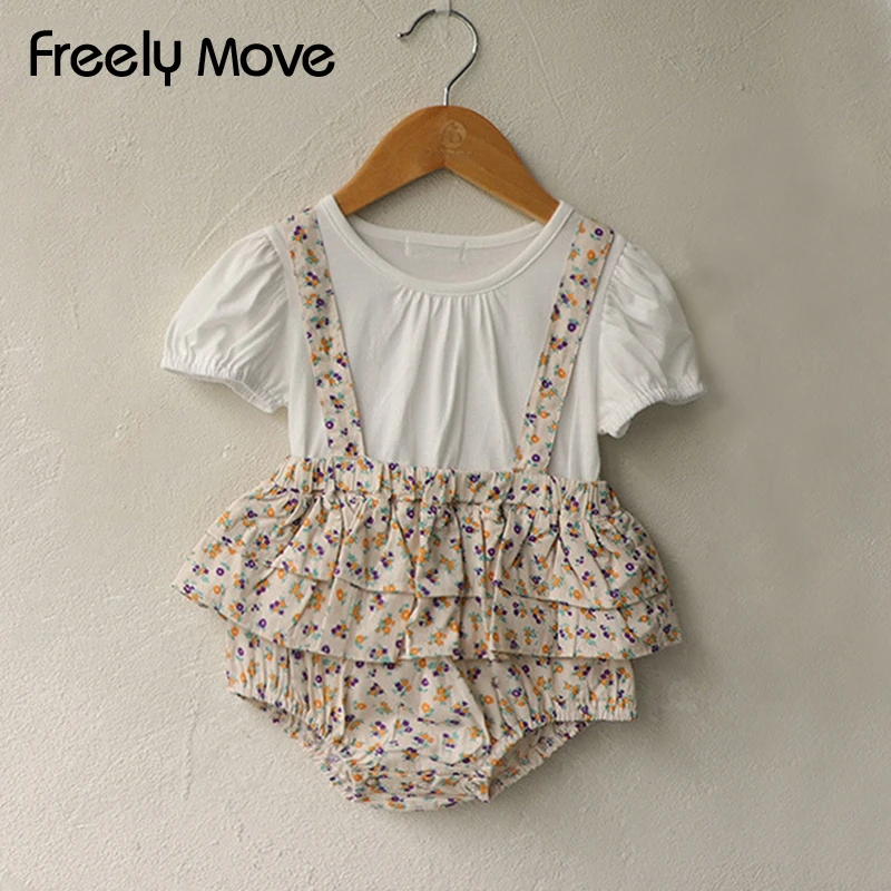 

RiniLucia 2022 Summer Floral Print Newborn Baby Girls Cotton Bodysuits Sleeveless Strap Jumpsuits Outfits