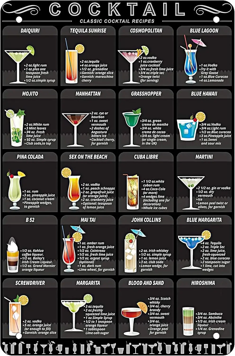 WNLN Cocktl Меню Ретро Vntge Br Metl Tn Sgn Плакат Ptyle Wll rt Pub Декор 12x8 nches (COCKTL)