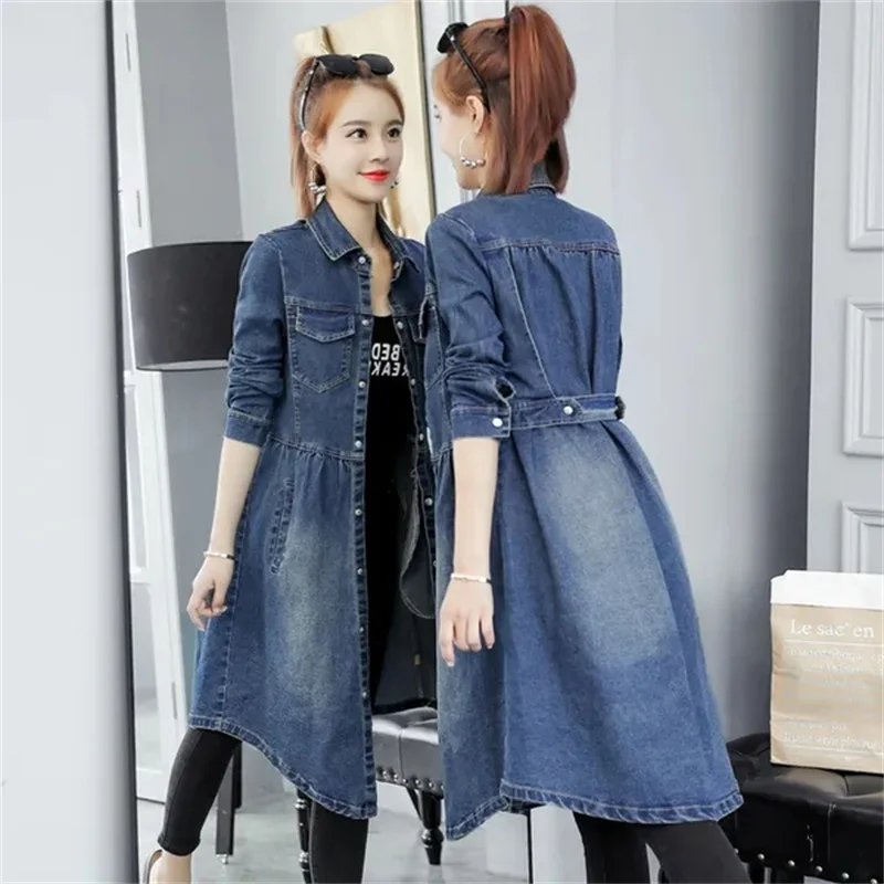 Тренчкот женский джинсовый средней длины модная Повседневная джинсовая куртка в