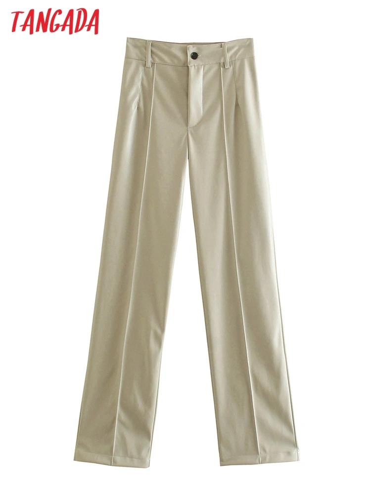 

Tangada 2022 Fashion Women Solid Black Faux Leather Suit Pants Trousers Pockets Office Lady Elegant Pants Pantalon JE51