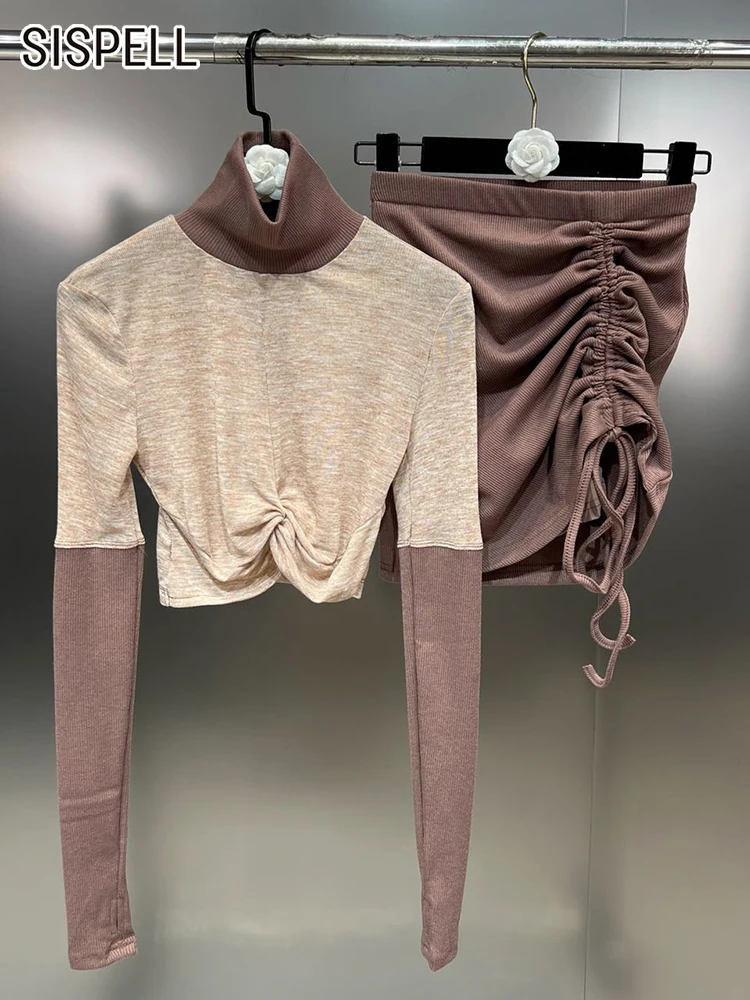 

Женский облегающий костюм SISPELL из двух предметов, топ с воротником-стойкой и длинным рукавом, привлекательная мини-юбка с высокой талией и к...