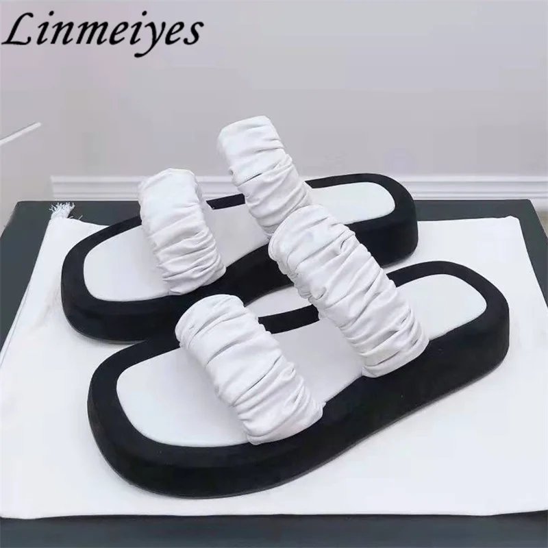 

Сланцы женские на плоской подошве, повседневные кожаные шлепанцы для отдыха, в складку, Круглые, черные, белые