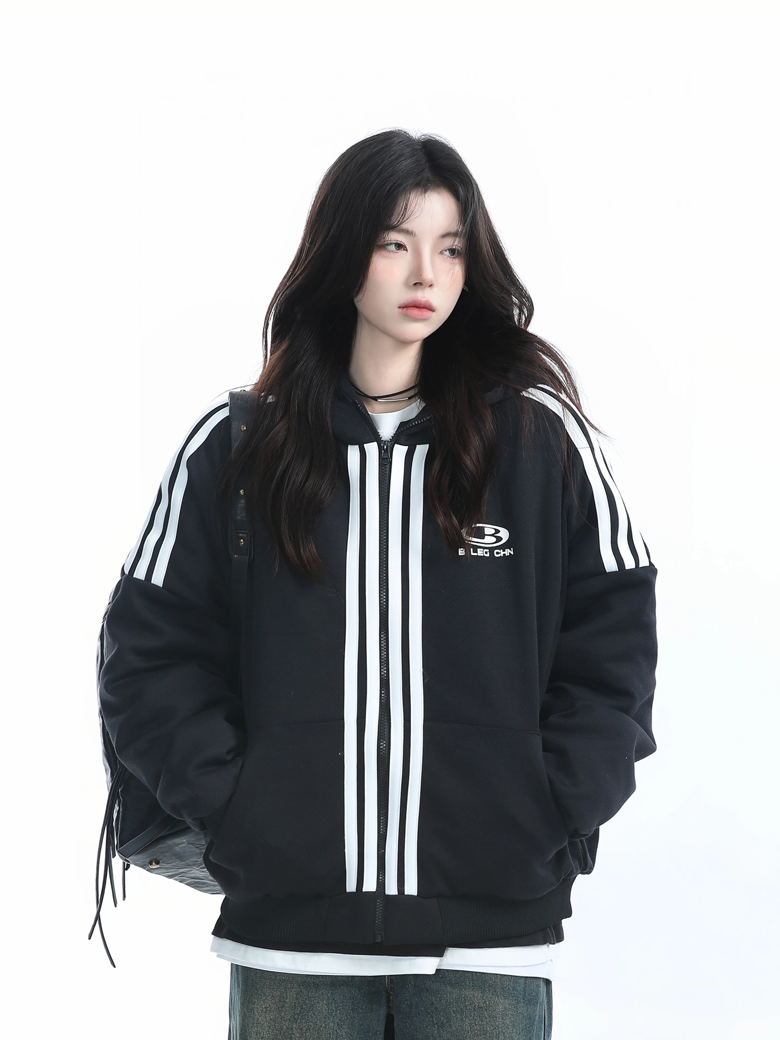 [Sitting in the Mountains] American vintage Three Bars Hood Cotton-Padded Clothes Outerwear Women Winter Sports Thickening Qu...