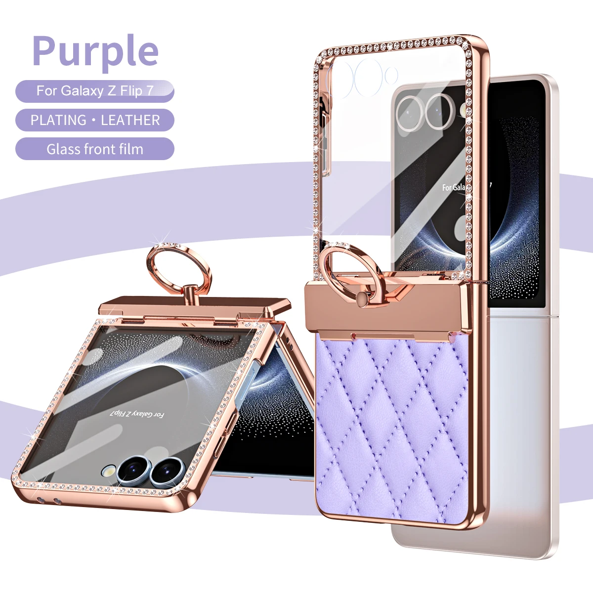 Фото Роскошный кожаный чехол для телефона с бриллиантами для Samsung Galaxy Z Flip 7 6 5 4 3 Flip7 FE с защитой петли и кольцом-держателем для женщин и девочек №5