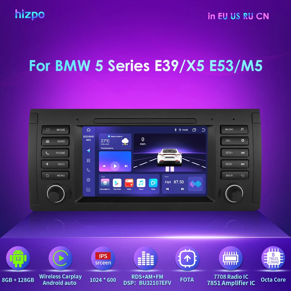 

Autoradio for BMW E39 X5 E53 M5 1996-2007 7" GPS Navi Android 12 4+64G Car Radio Player EQ DSP RDS DAB+ OBD2 SWC Stereo