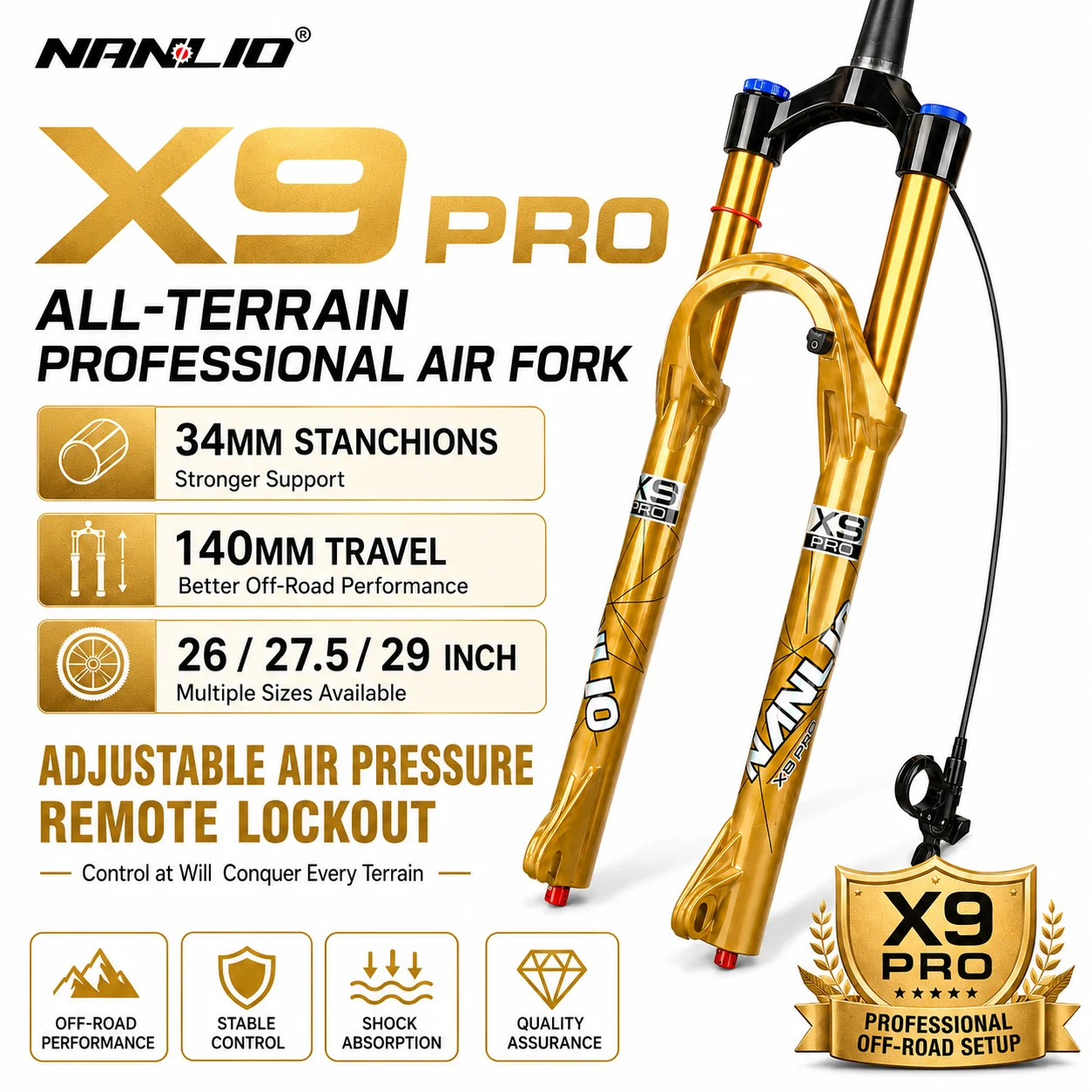Вилка амортизационная NANLIO X9 PRO MTB с воздушной подвеской, 34 мм шток, ход 140 мм, подходит для колес 2627.529 дюймов, с регулировкой демпфирования (art.: 3920dc45a75bd) - 3920dc45a75bd