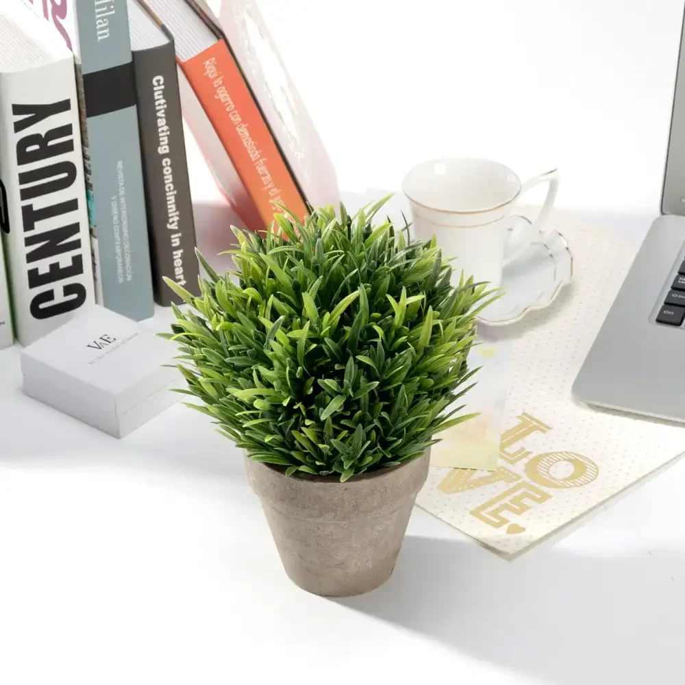 

Free Shipping Mini Realistic Plastic Faux Plant Fake Green Grass Tabletop Arrangement with Pot for Home Decor (Green)