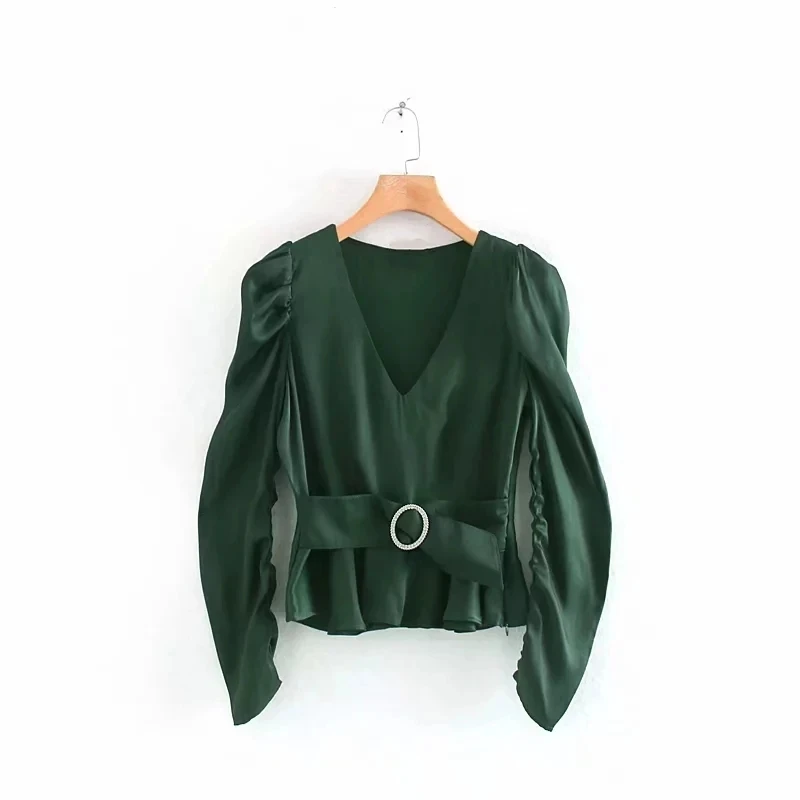 Женская атласная рубашка с V-образным вырезом и рукавами-фонариками S6676