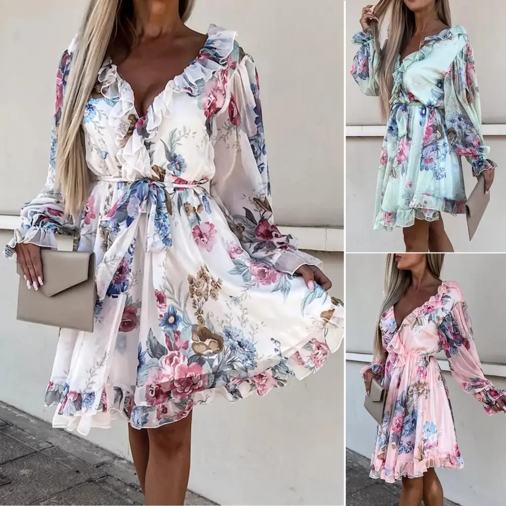 

Chiffon Dress Tie-in Waist Long Sleeves Deep V Neck Ruffle Stitching Floral Printing Breathable Lightweight Women Lady Girl Midi