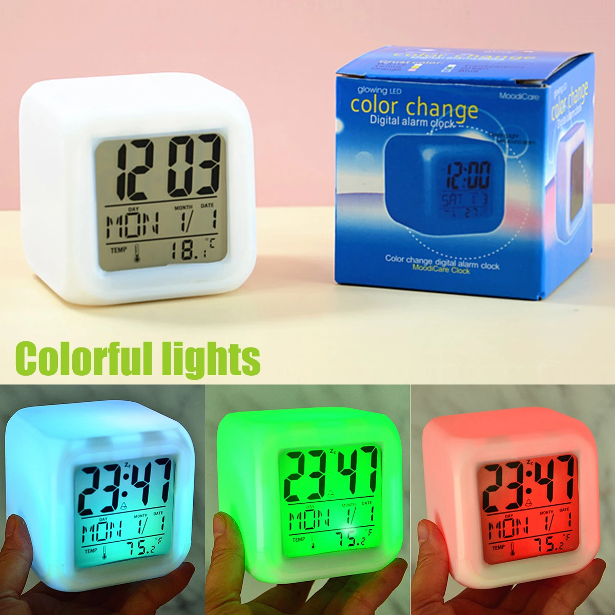 Mini Desk Cube Clock With Colorful Lights And Multiple Modes Multifunctional Glow Desk Clock Battery