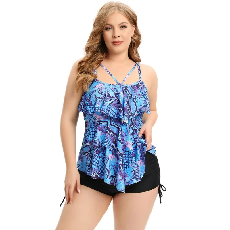 2023 New Large Size Ruffle Swimwear Women Bikini Swimsuit Women Sport Beachwear Sets With Tankini Short Printed Sleeveless Top