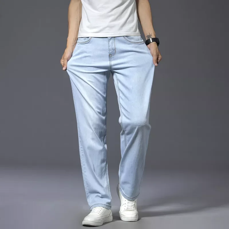 2022New Summer New Business Casual Light Blue Jeans Comfortable and Soft High-quality Cotton Stretch Men's Straight Brand Tr