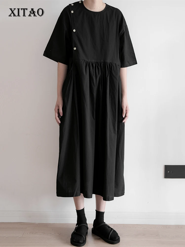 

XITAO Black Casual Dress Fashion Side Buckle Temperament Folds Splicing Hem Loose Simplicity O-neck Collar Dress WLD8452
