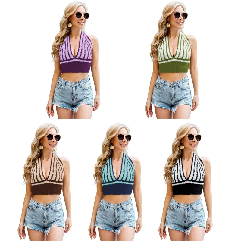 

Women Halter Backless Crochet Crop Top Sexy Backless Knit Striped Beach Bralette