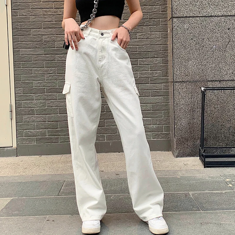 2023 Vintage Women Fashion White Blue High Waist Casual Jeans Loose Omighty Wide Leg Pocket Cargo Pants Solid Overalls Trouser