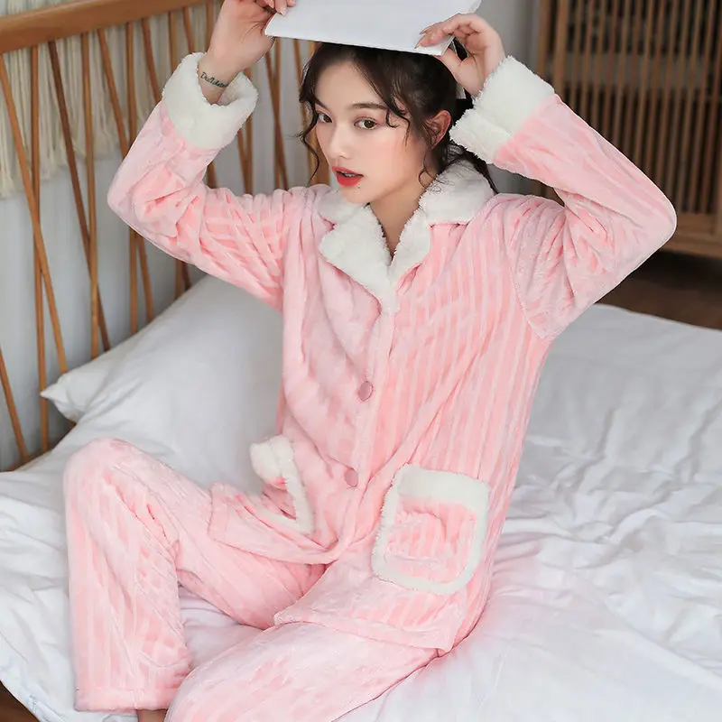 QWEEK Winter Women's Pajamas Solid Color Flannel Long Sleeve Trousers Pajamas Two Piece Sets Home Clothes Pijamas Pyjamas Cute