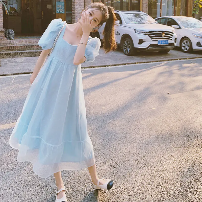 

Vintage Dress Women Puff Sleeve Square Collar Elegant Midi Dress Party Beach Style Dress Korean