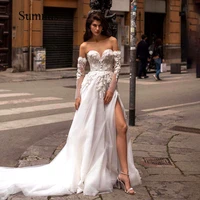 boho sweetheart wedding dresses 3d flower appliques side split bride dress robe de mariee glitter tulle long wedding gowns