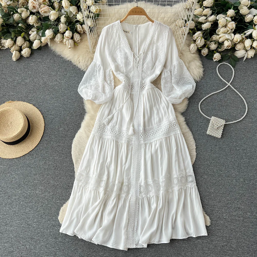 Women Spring Summer White French Puff Sleeve Midi Long Beach Dress Female Chic Hollow Out Party A-line Vacation Boho Dress SR711
